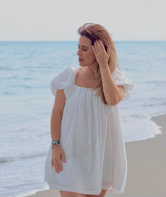 Lunar Puff-Short Sleeve Square-Neck Mini Dress.