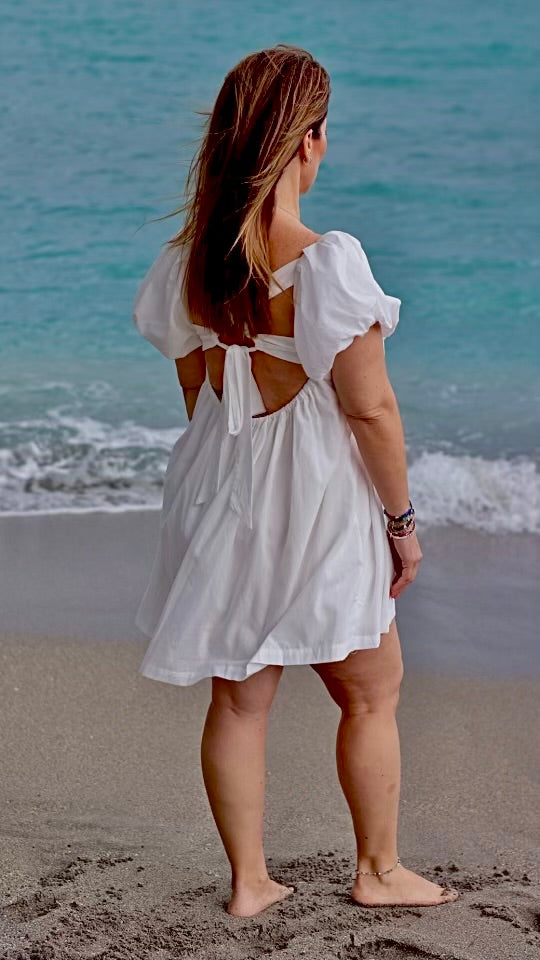 Lunar Puff-Short Sleeve Square-Neck Mini Dress.