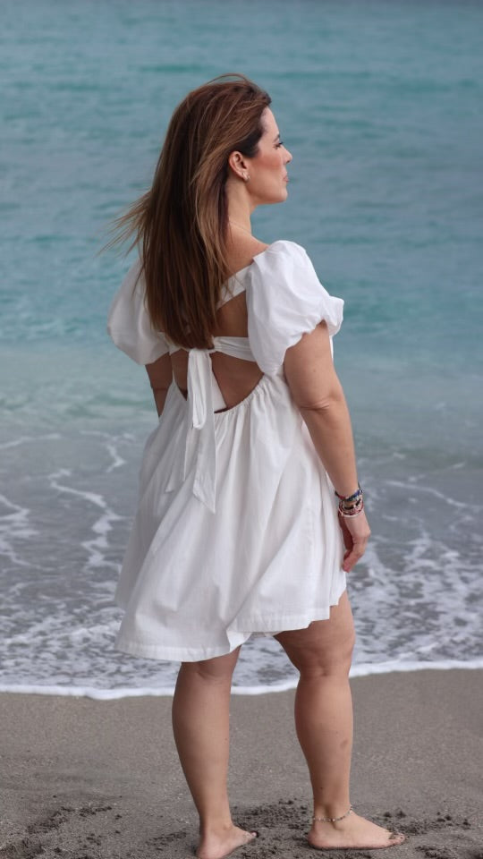 Lunar Puff-Short Sleeve Square-Neck Mini Dress.