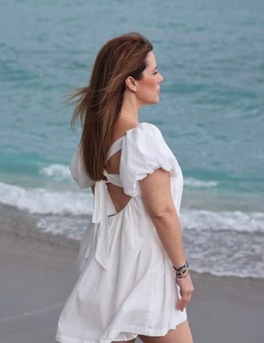 Lunar Puff-Short Sleeve Square-Neck Mini Dress.