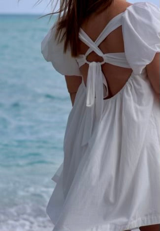 Lunar Puff-Short Sleeve Square-Neck Mini Dress.