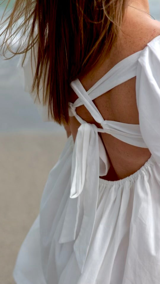 Lunar Puff-Short Sleeve Square-Neck Mini Dress.