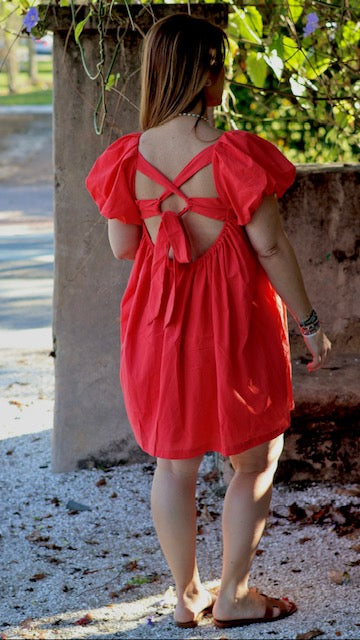 Lunar Puff-Short Sleeve Square-Neck Mini Dress.